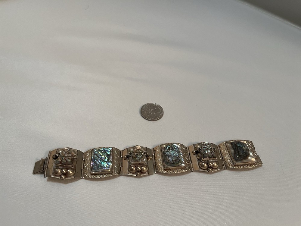 Vintage Taxco Sterling Silver Abalone Panel Bracelet Mexico 925 Antique Rare