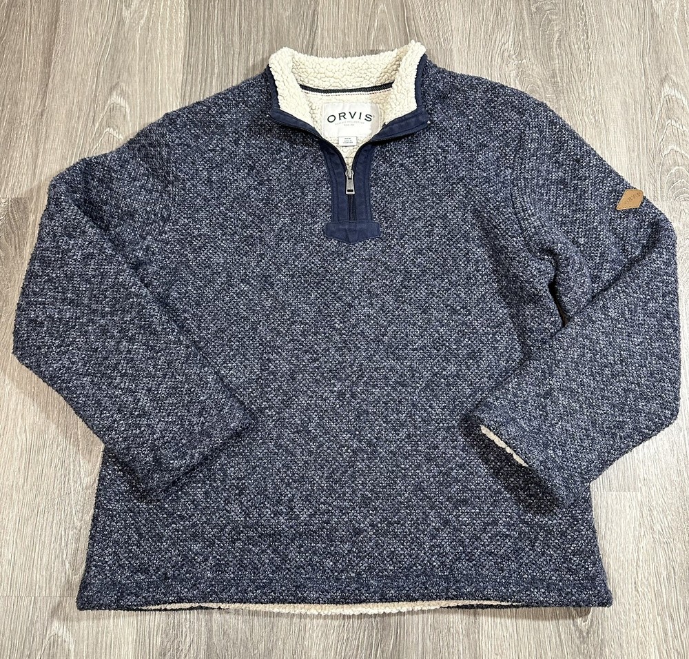 Orvis Brighton 1/4 Zip Sherpa Lined Pullover Sweater Men’s Medium Heathered Blue