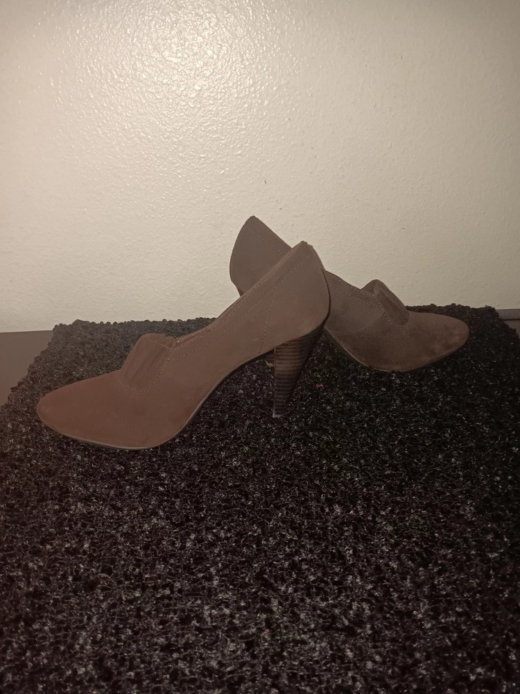 Coach Adra Brown Suede Leather Bootie Pumps with Ruched Detail - Women's Size 7.5 Cone Heels