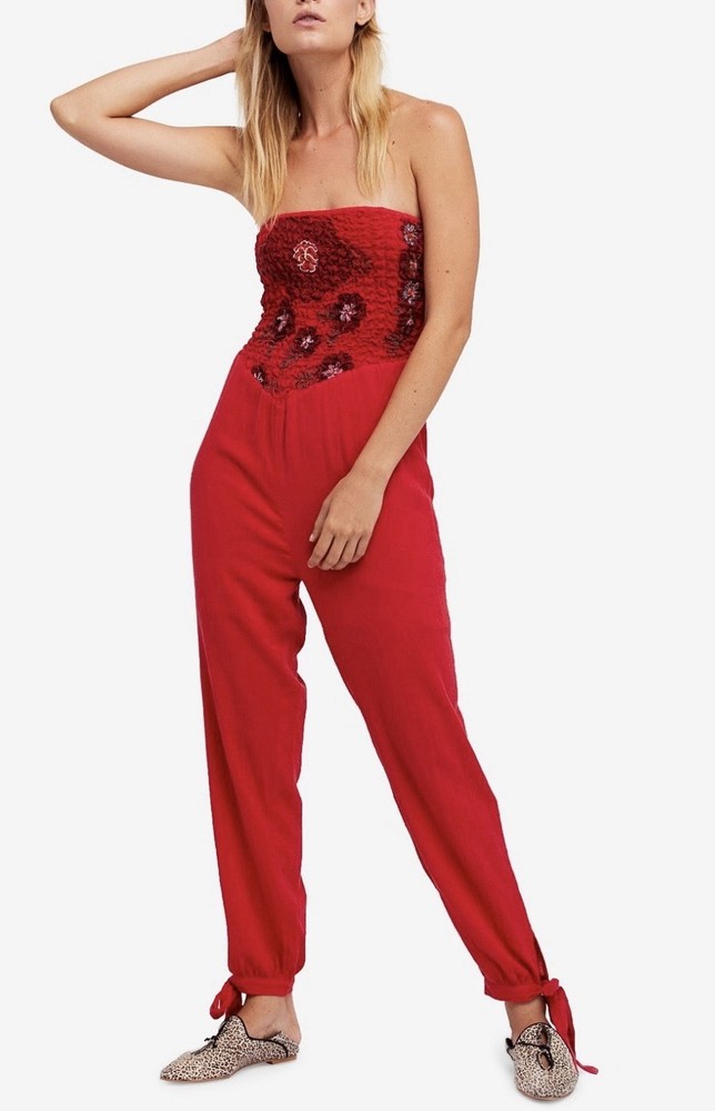 Free People strapless red floral embroidered jumpsuit Women's Regular