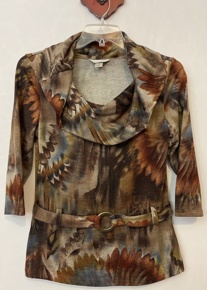 Christopher Banks Womens Medium Brown Floral Belted Mock Neck Blouse A6688  