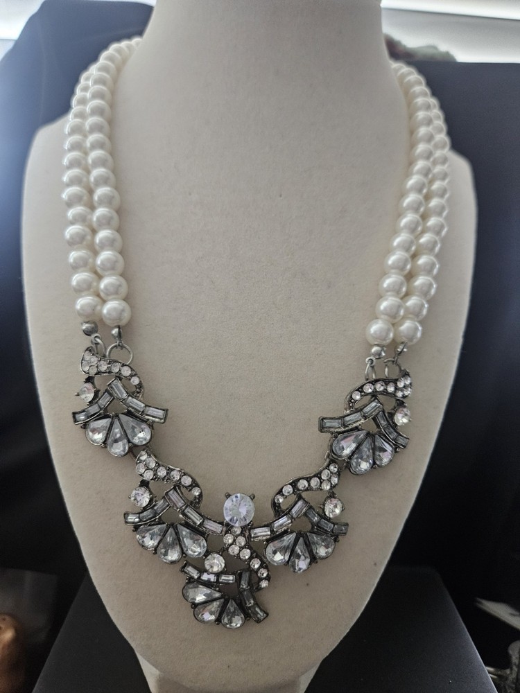 Double Strand Faux Pearl And Rhinestone Statement Necklace With Central Crystal