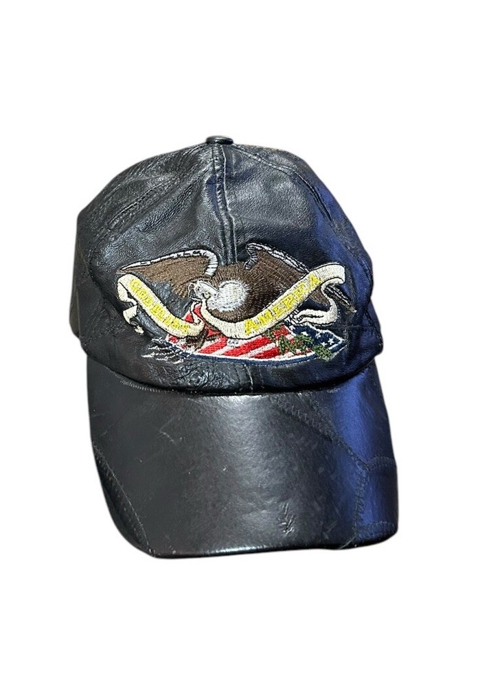 God Bless America Bald Eagle Leather Cap Embroidered Self Fastened Black Hat USA