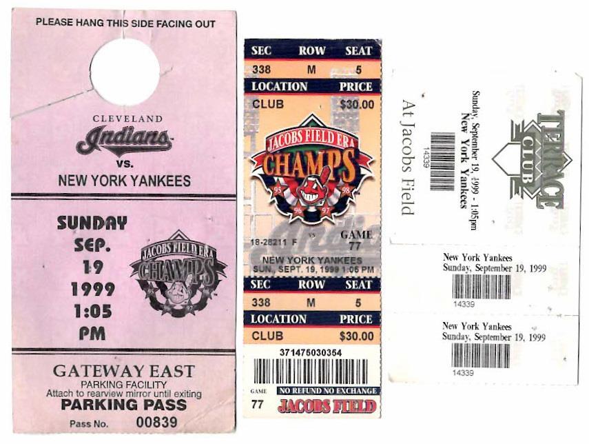 YANKEES @ INDIANS ~ 1999 Game Ticket w/ Bonus ~ Jeter, Thome, Manny HRs