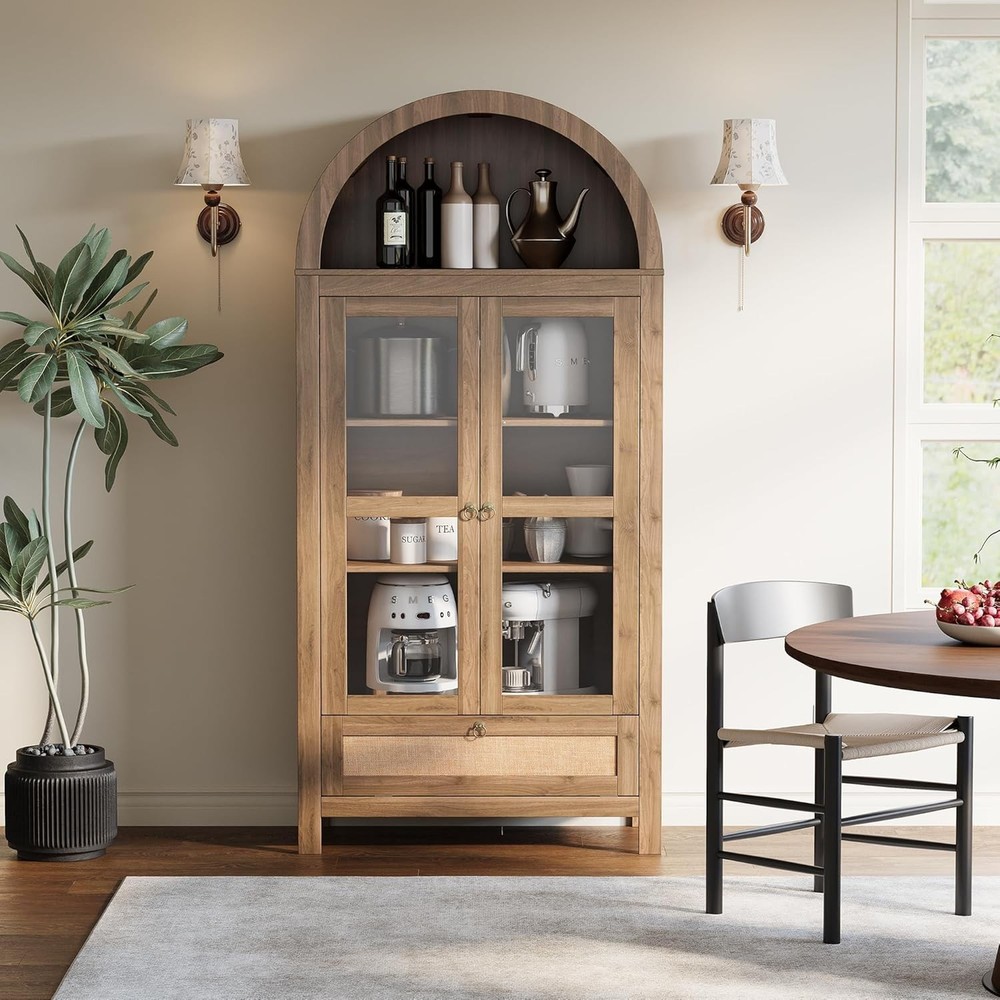 71” Tall Arched Kitchen Pantry Cabinet, Modern Farmhouse Hutch Storage Cabinets