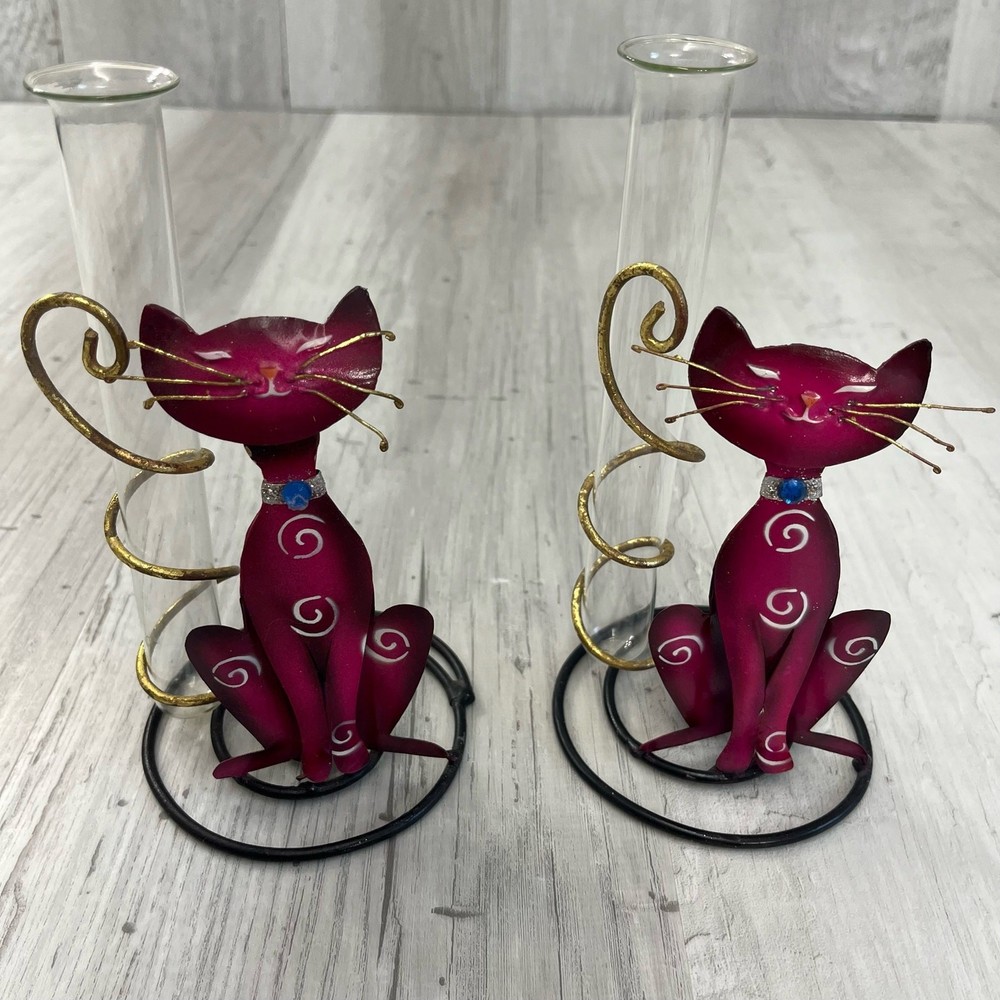 Vintage Metal Glass Whimsical Pink Swirl Cat Test Tube Bud Vase Set