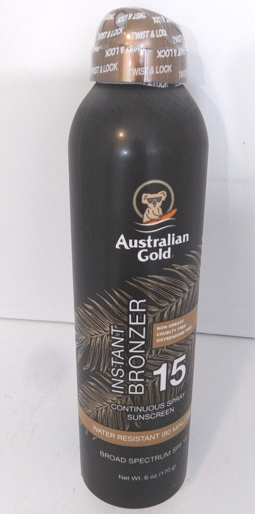 Australian Gold SPF 15 Instant Bronzer Sunscreen Spray 6 Oz Glow Expires 5/24