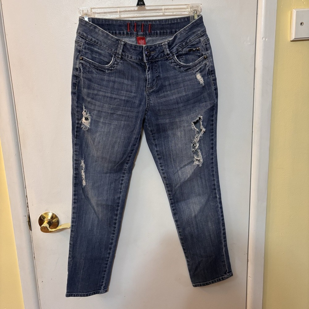 Elle Women's Med Blue Distressed Straight Leg Jeans with Studded Pockets Size 6 30x26.5