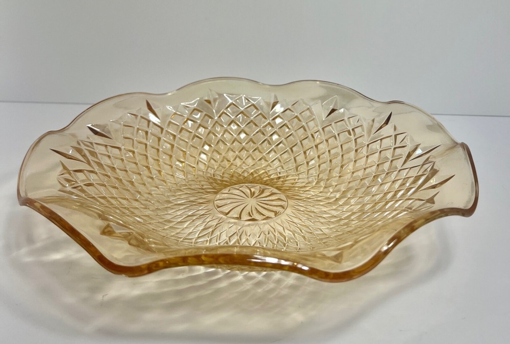 Vintage Indiana Carnival Glass Bowl 11 Inch Amber Gold Ruffled Edge Candy Dish  