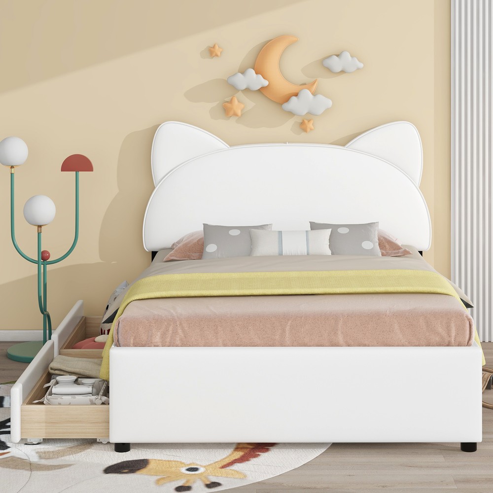Full Size Upholstered Platform Bed with Cartoon Ears Shaped Headboard and 2 Draw