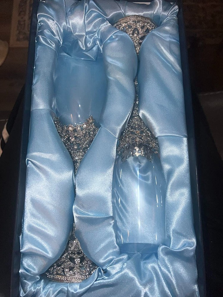 Champagne Flutes -Crystal Glass Metal Base with Crystal Stones Gifts for Women