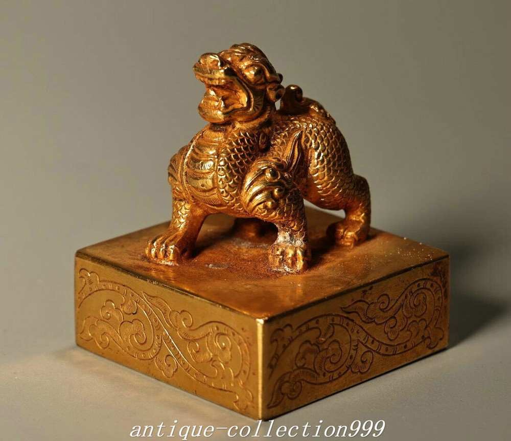 2.5 Inch Chinese Bronze Gold Gilt Kylin Dragon Seal Stamp