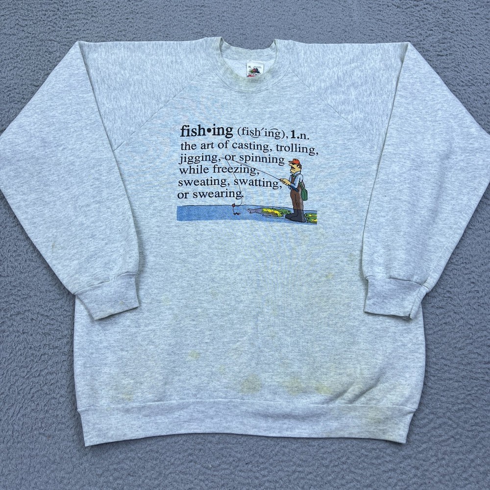VTG Sweatshirt Funny Fishing Definition Sweater Mens XL Gray Graphic USA Made