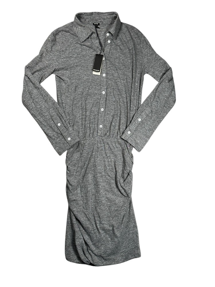 Monrow Side Ruched Grey Shirt Dress XS Button Front Long Sleeve Collar NWT
