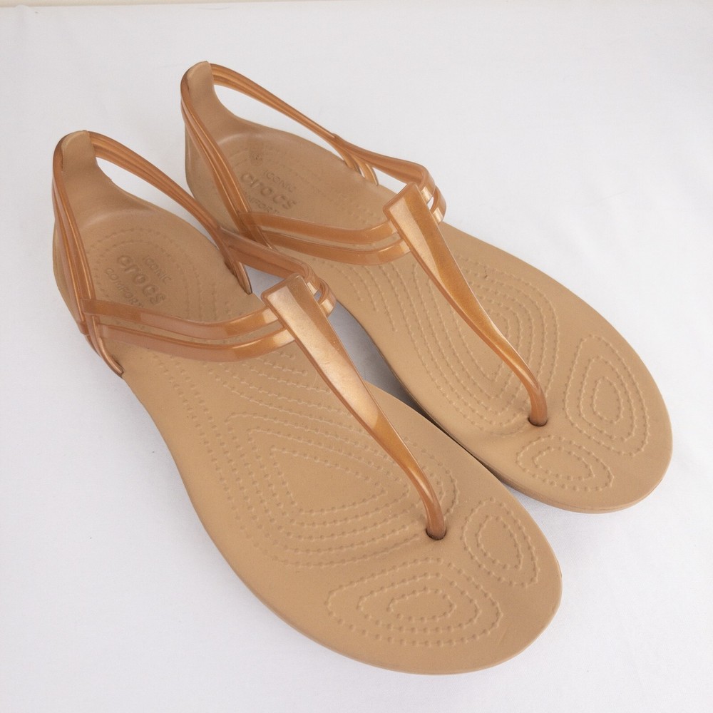 Crocs Isabella T Strap Sandal Womens Size 7 Beige Bronze Comfort Iconic New