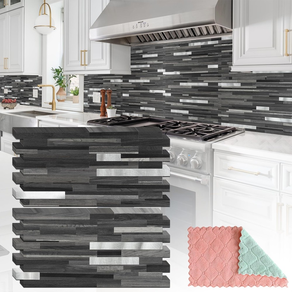 Black Grey Wood Peel and Stick Kitchen Backsplash with Metal Accents - 20 Sheets