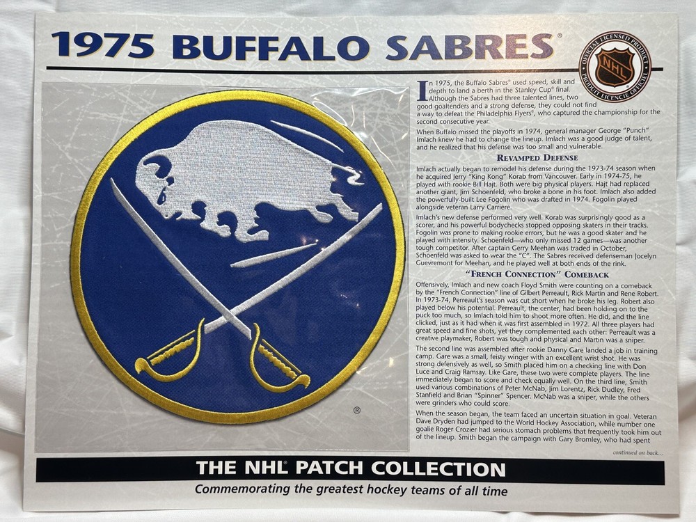 Willabee & Ward 1975 Buffalo Sabres NHL Hockey Patch Collection on Stat Card