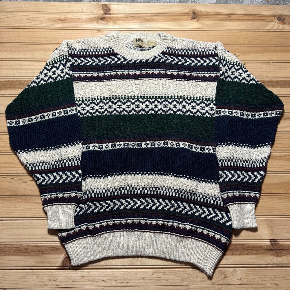 Vintage 90s Fair Isle Knit Striped Crewneck Pullover Sweater USA Made - Size XL