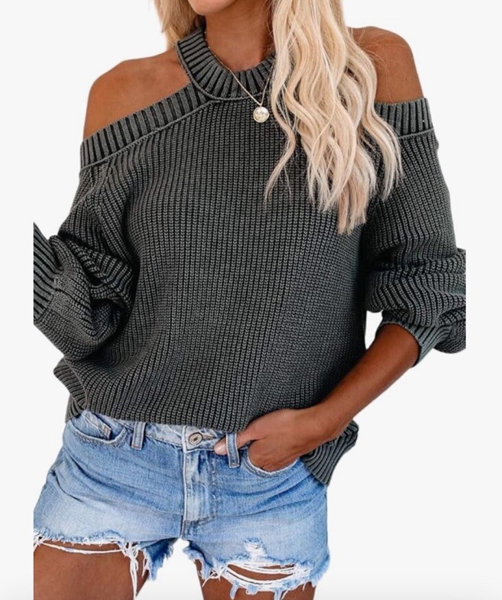CHRYII Womens Sweater S Open Back Cold Shoulder Long Sleeve Pullover Knit Gray