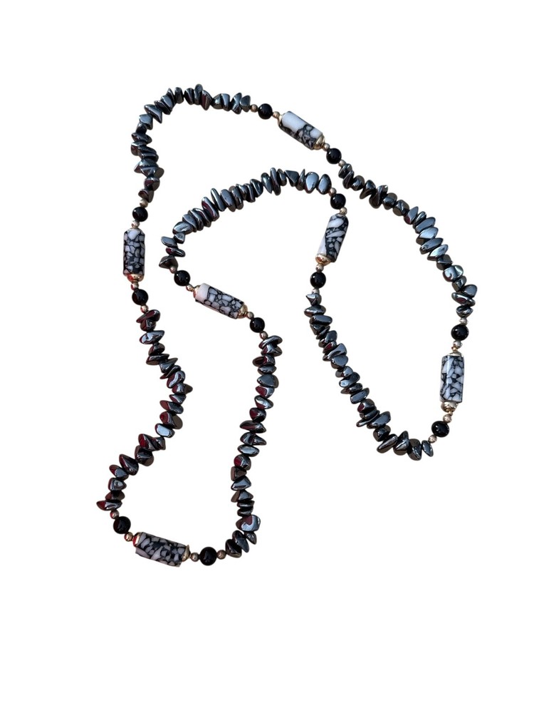 Hematite Chip Bead Necklace With Howlite Barrel Beads Black Stone Long Strand