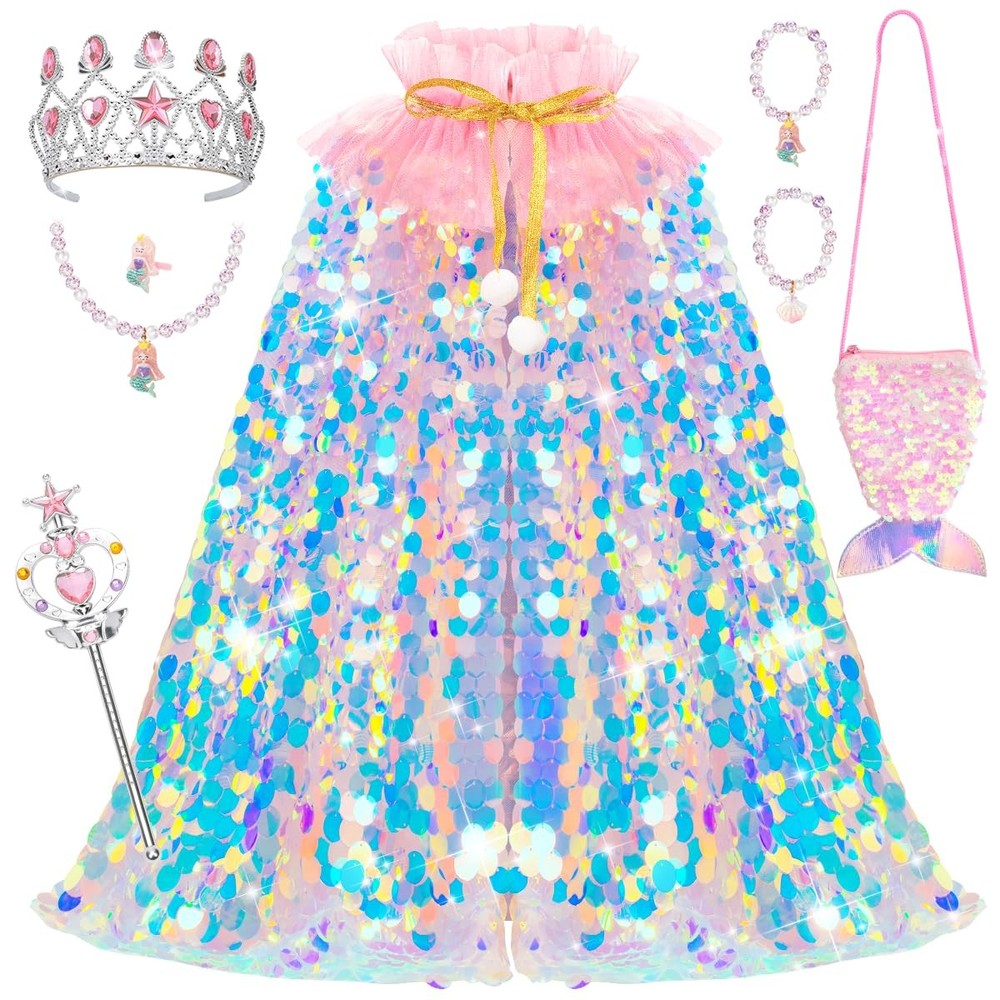 Princess Dress Up Set Mermaid Cape Crown 11PCS Girls 3-8 Costume