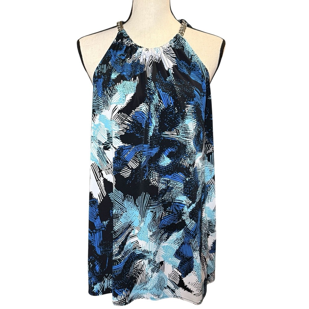 MICHAEL KORS Women’s AEGEAN BLUE SLEEVELESS Silver tone Chain Halter Blouse XL