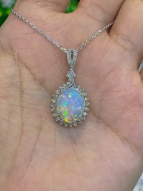 2.50Ct Oval Cut Simulated Fire Opal Halo Pendent 14KWhite Gold Plated Free Chain