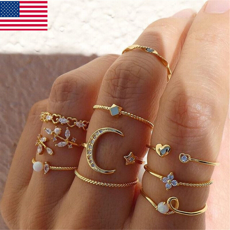10Pcs Gold Crystal Butterfly Moon Star Rings Knuckle Women Jewelry Gift New