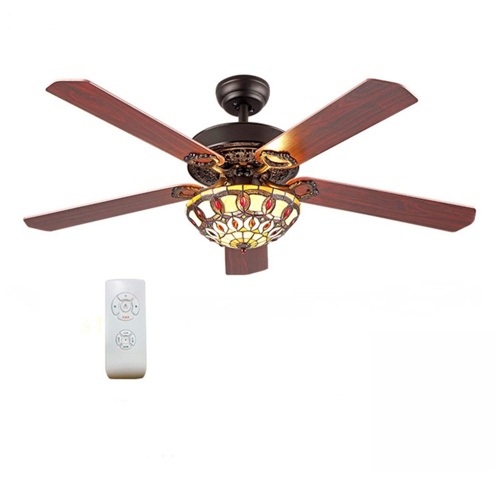 52'' Tiffany Ceiling Fan with 3 Lights +Remote Control, Wooden Ceiling Fans
