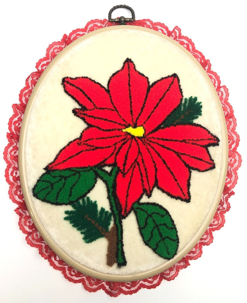 Finished Punch Needle Poinsettia in Oval Frame Red Lace Edge 11.5 h x 10 w