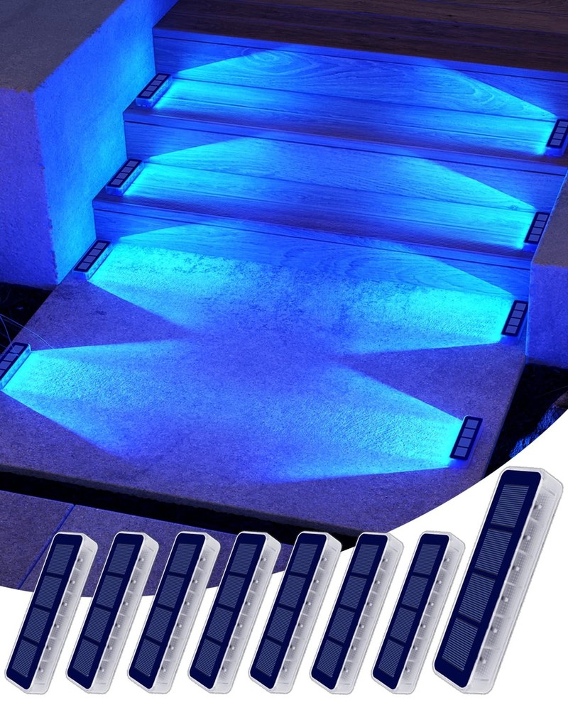 8 Pack Blue Solar Step Lights for Outdoor Stairs and Pathways