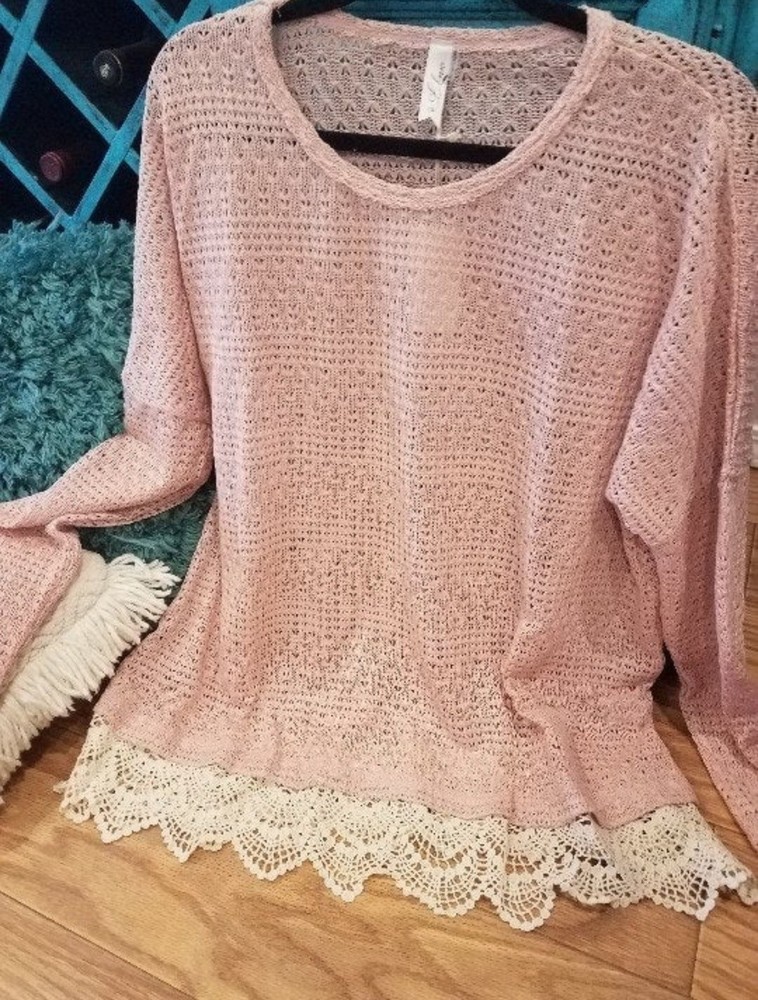 Powder Pink Light Sweater Knit Crochet Cream Lace Layered Look Boho Cami 1XL