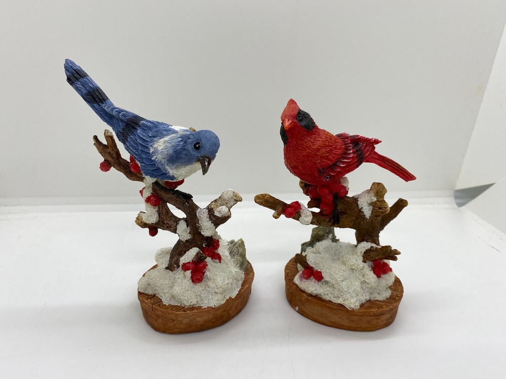 Lot of 2 - Resin Christmas Cardinal +Birds Musical Figurines 5'' - NEW