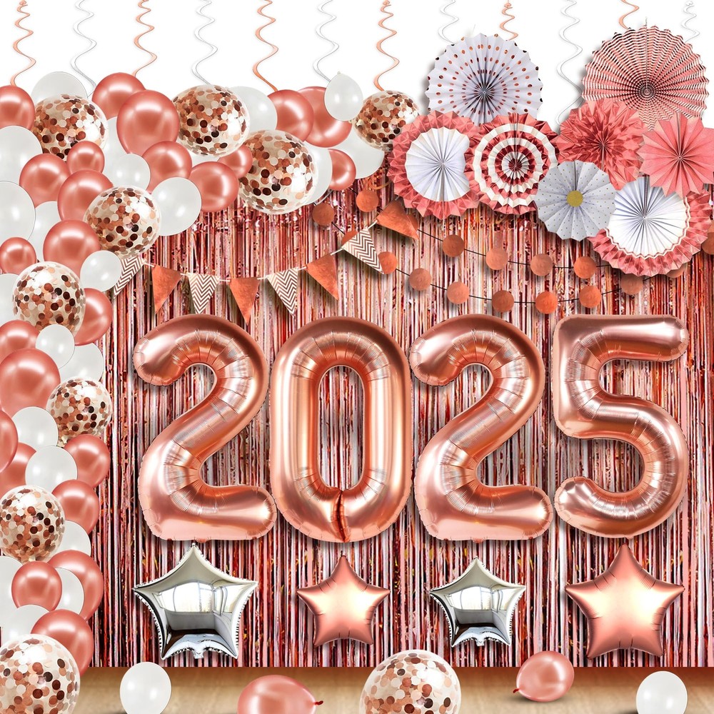 , Rose Gold New Years Decorations 2025 - Huge Pack of 149 | Rose Gold Fringe ...-image