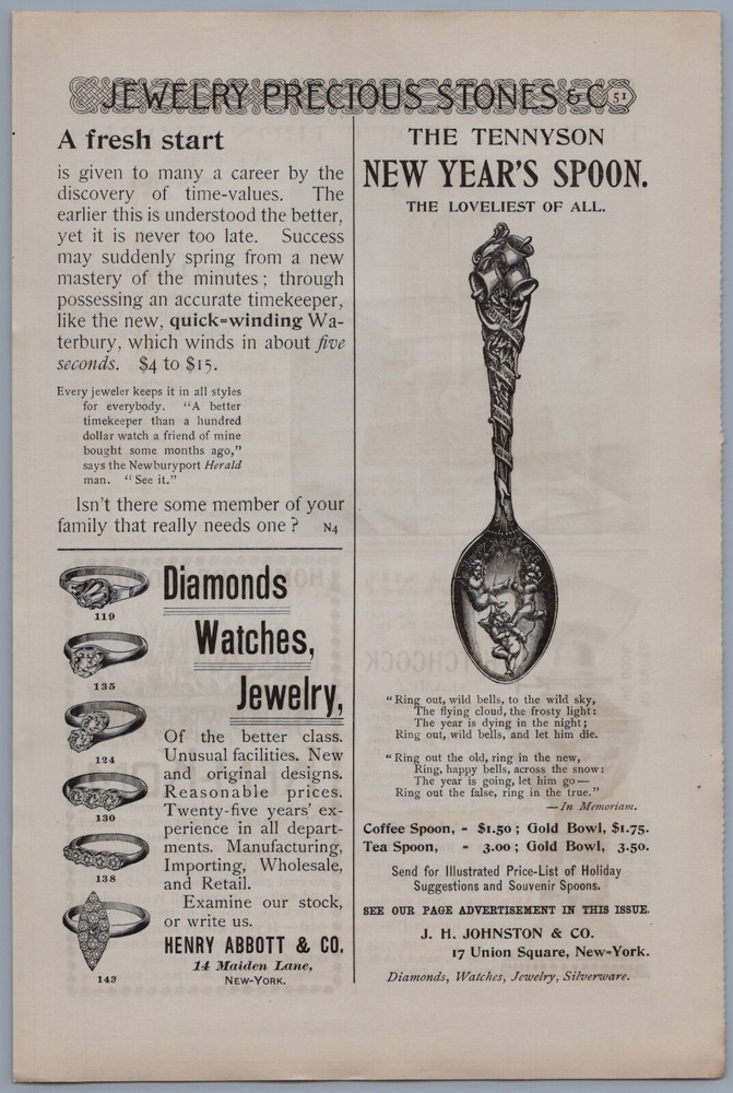 1892 Tennyson New Year's Spoon Vintage Ad by JH Johnston New York Silver Silverware-image