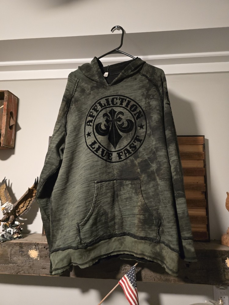 Mens Affliction Pullover Hoodie Size XL Green Black Long Sleeve