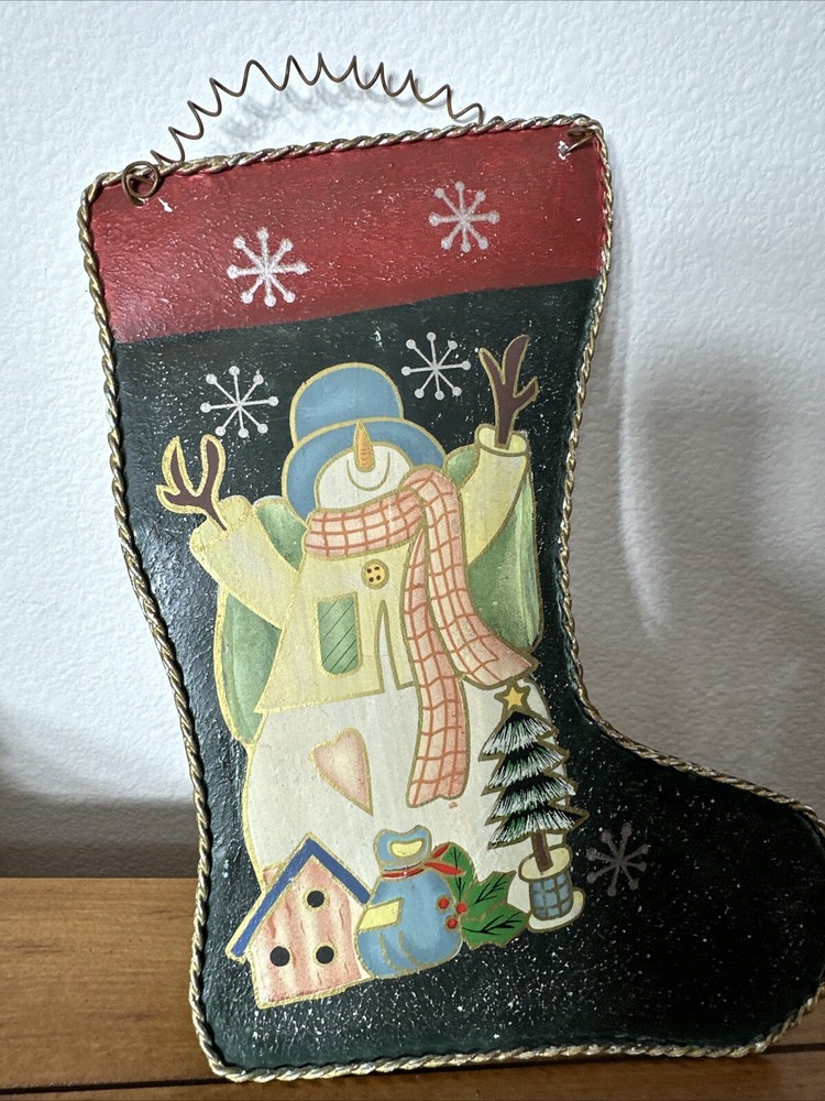 Tin Metal Ornament Christmas Stocking 3-D Hand Painted Wire Hanger Snowman