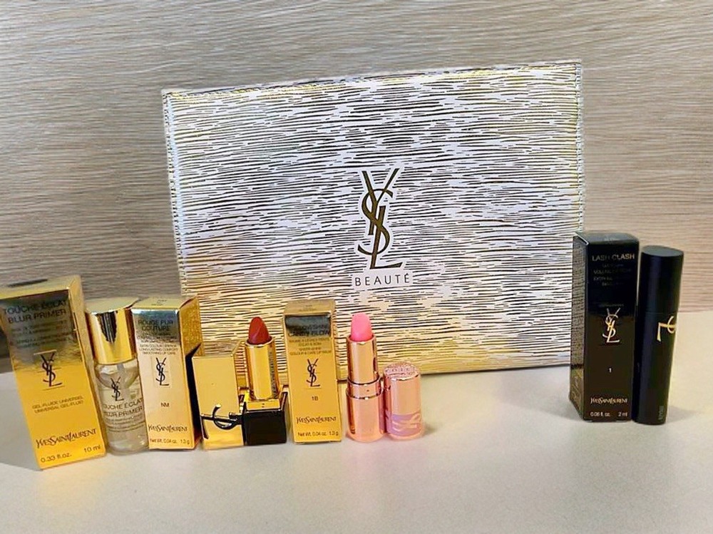YSL Beauty Deluxe Mini Set Cosmetic Bag Primer Lipstick Candy Glow Mascara