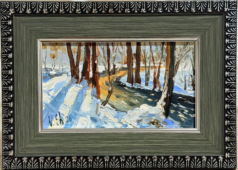 Original Oil Painting Winter Landscape Forest River Art Signed Framed  5x7 in