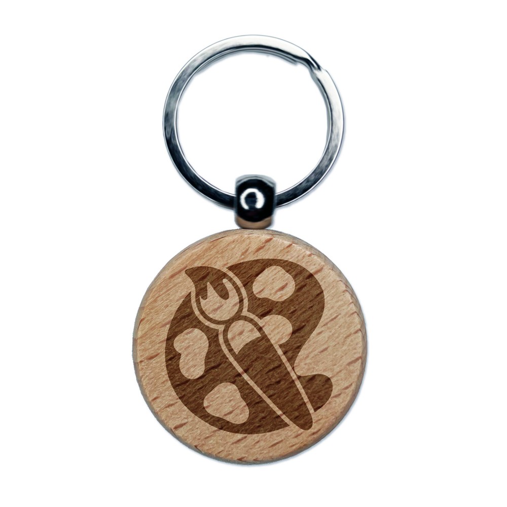 Paintbrush Artist Paint Palette Art Engraved Wood Round Keychain Tag Charm