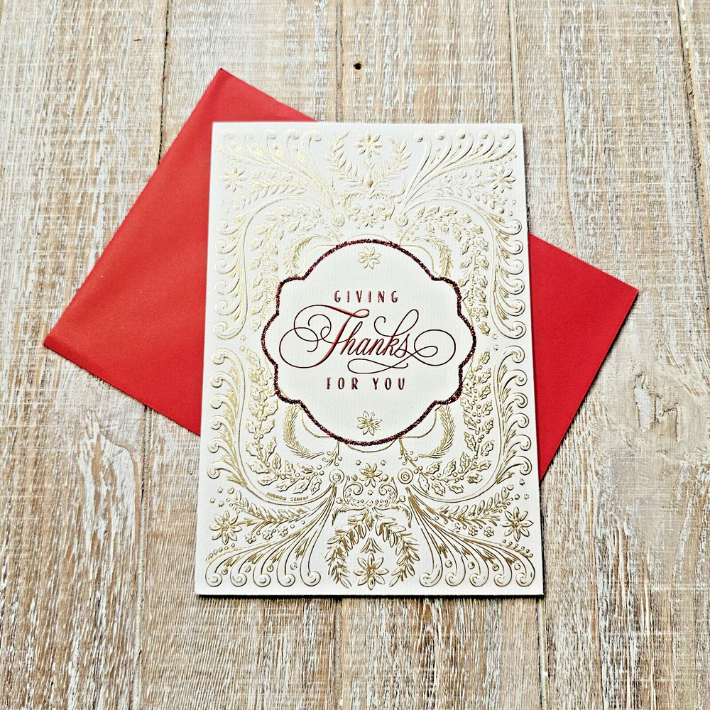 Heritage Christmas Greeting Card White Gold Embossed Red Giving Thanks Hallmark