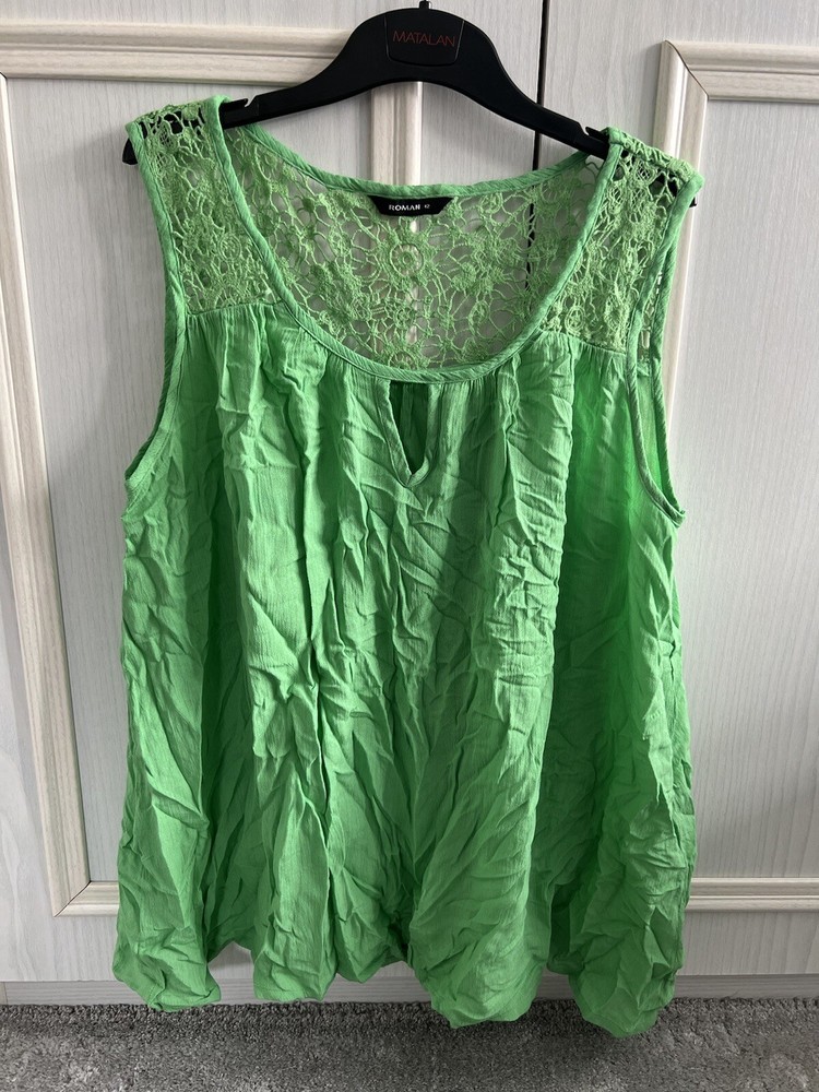 Roman Sleeveless Lace Detail Floaty Ladies Green Summer Vest. Size 12. BNWOT