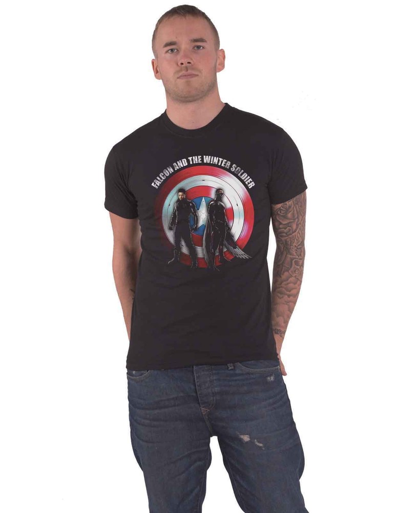 Official Marvel Falcon & Winter Soldier Shield Logo Men's Black T-Shirt Size New
