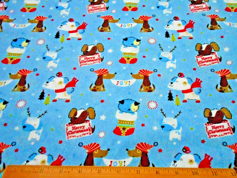 Tela de Navidad 1 3/4 yardas divertidas estrellas perros árboles de caramelo azul algodón #35 de colección #C