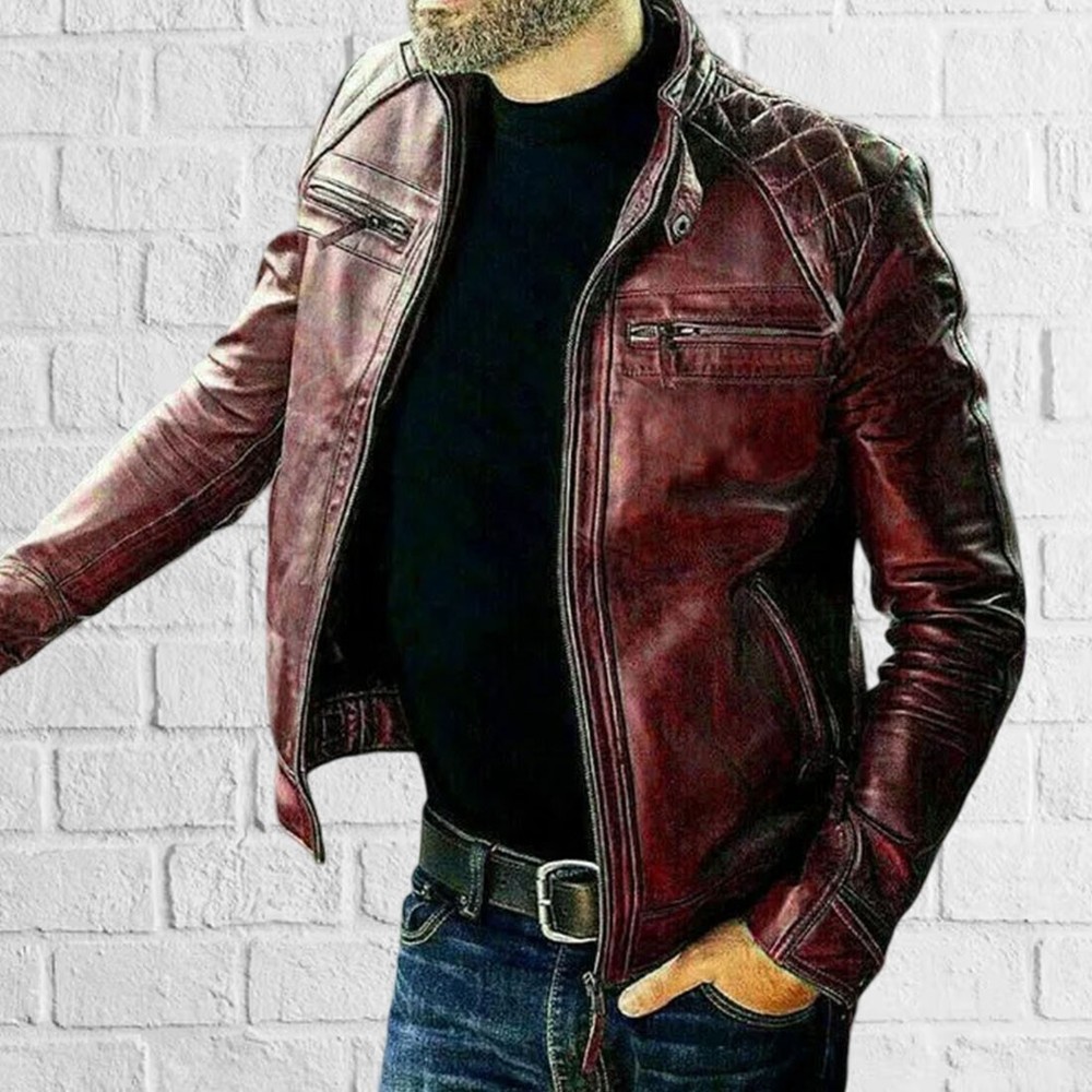 Men's Genuine Red Lambskin Leather Jacket Motorcycle Biker Zipper Jacket