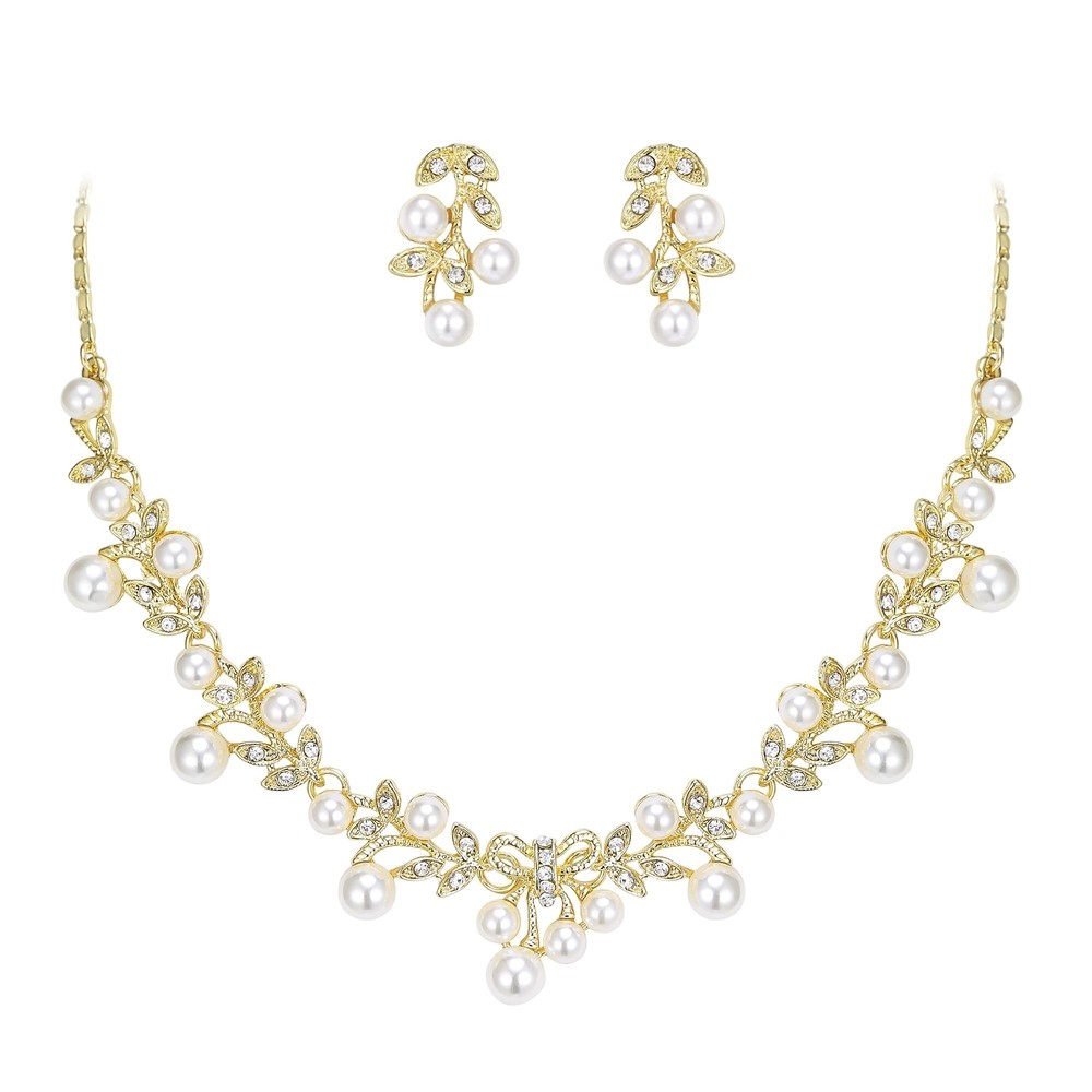 EVER FAITH Womens Wedding Jewelry Simulated Pearl Vine Leaf Bowknot Bridal Headpiece Hair Vine Comb