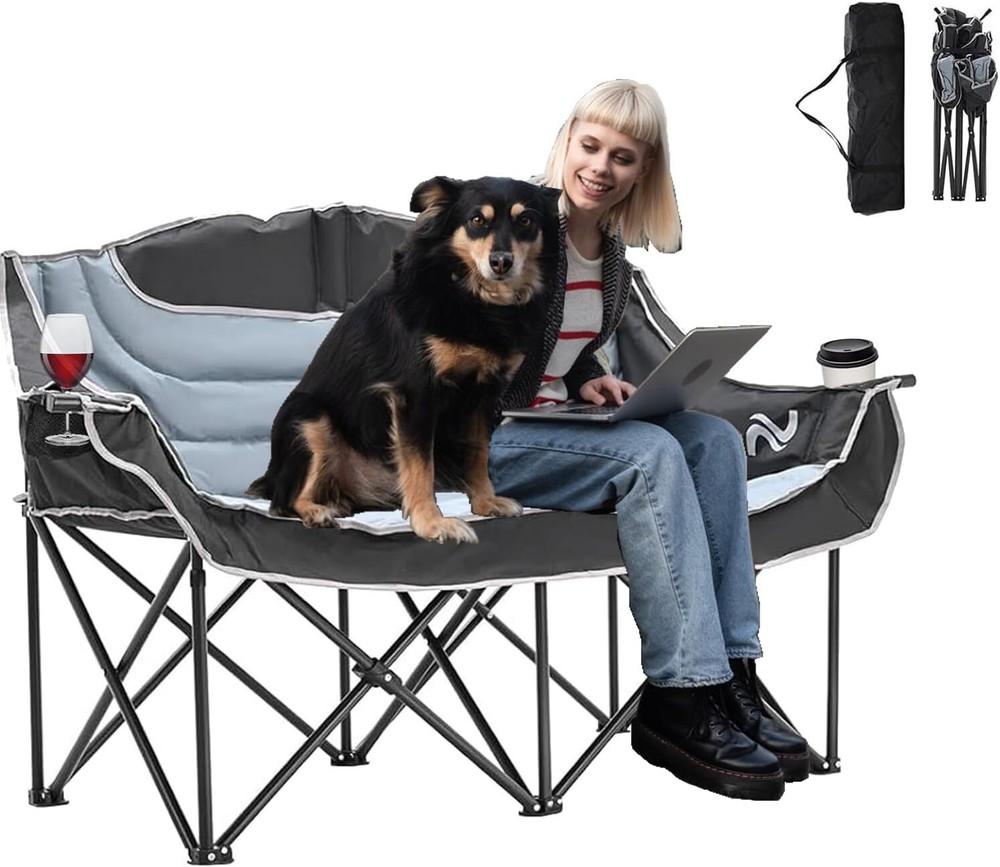 Oversized 2-Person Padded Camping Chair with Cup Holders by H&ZT