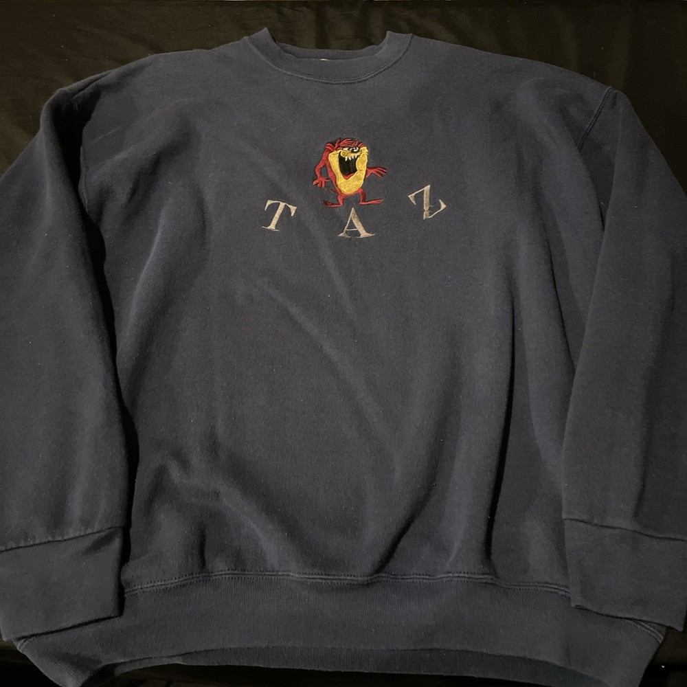 Vintage 90’s Warner Bros Taz Manian Embroidered Crewneck Sweatshirt XLarge Blue