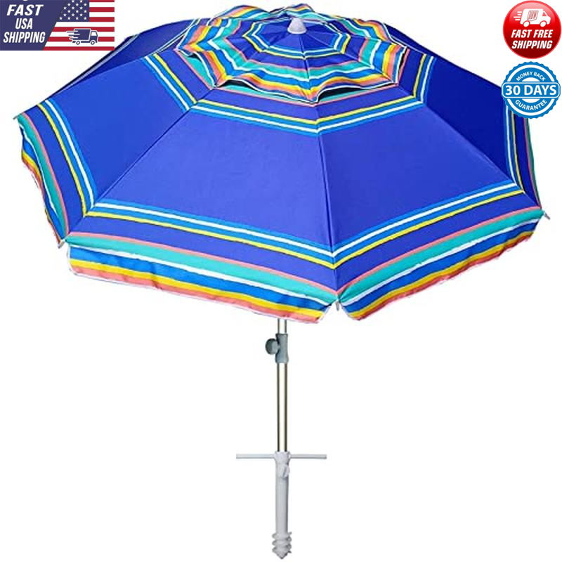 7ft Blue Stripe Beach Umbrella with Tilt UV 50 Sand Anchor Aluminum Pole