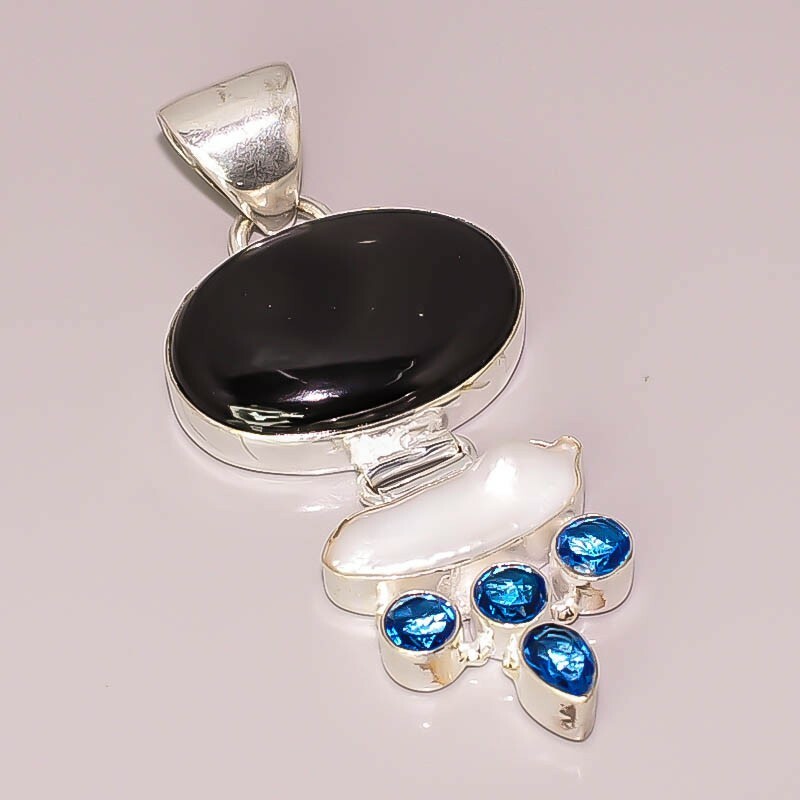 Black Onyx Biwa Shell Iolite Quartz 925 Sterling Silver Plated Pendant